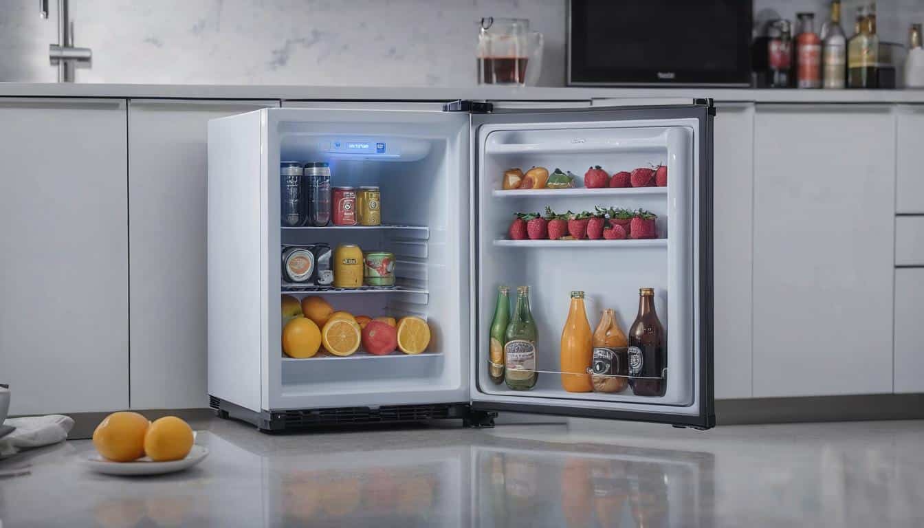 Compact mini-fridge with electrical details