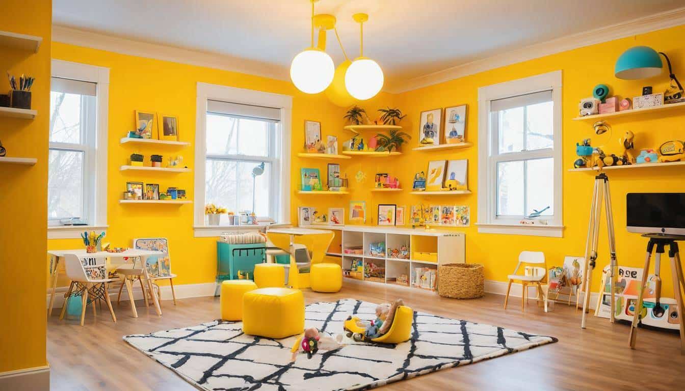 Adjustable task lighting in yellow playroom