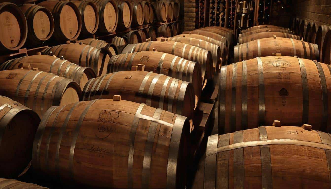 Aging oak wine barrels