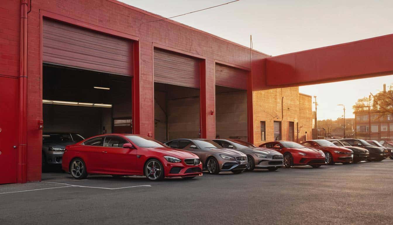 Assorted cars with red garage