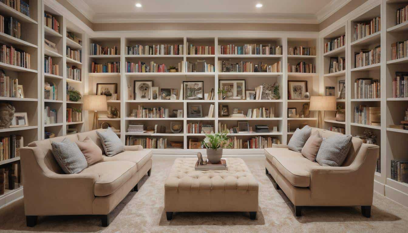 Beige-themed cozy library