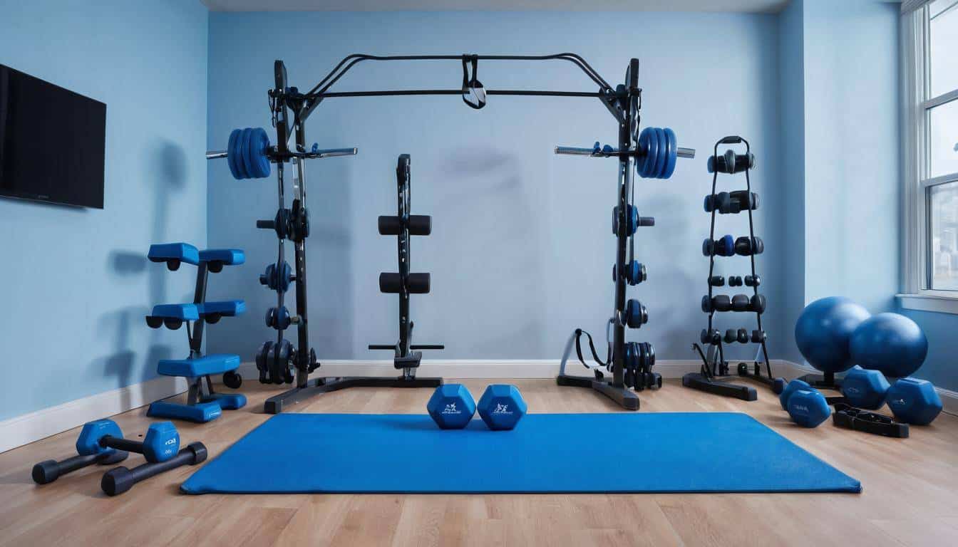 Blue fitness equipment display