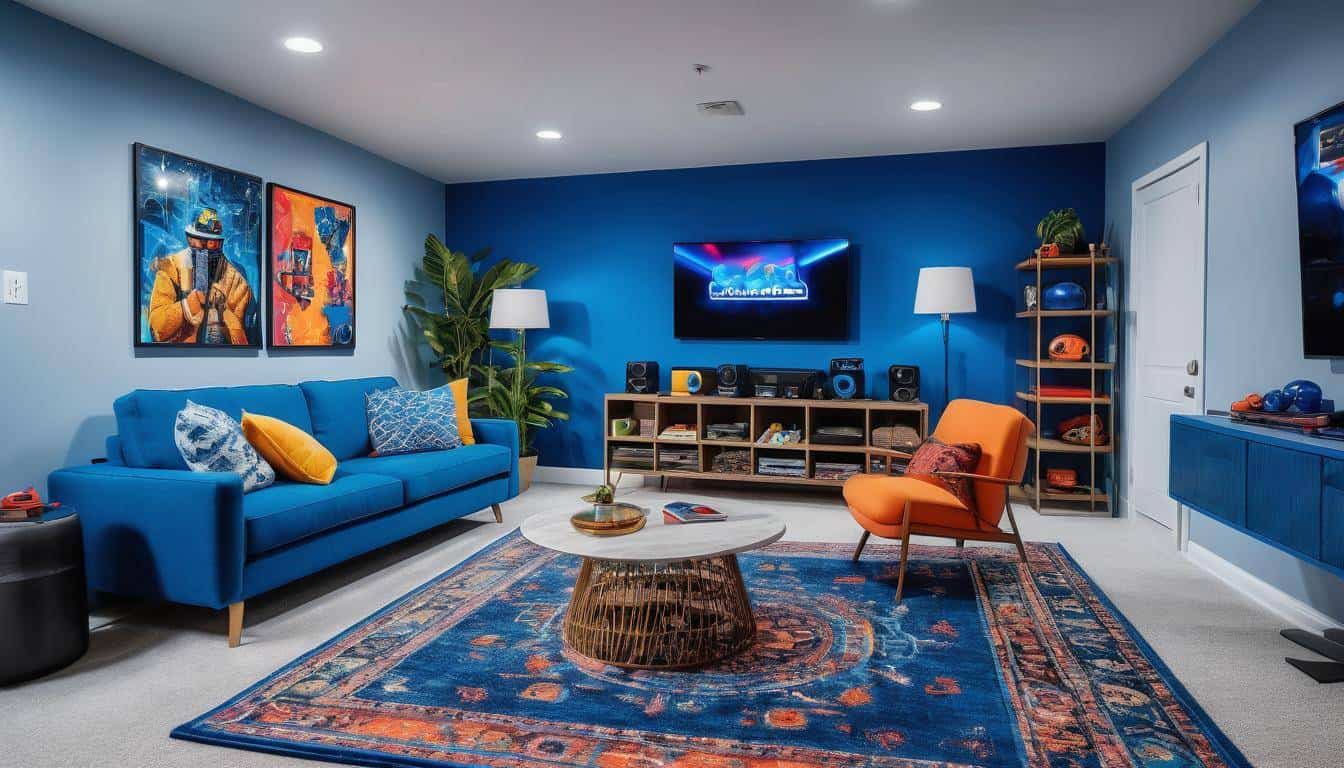 Blue game room with vibrant accents