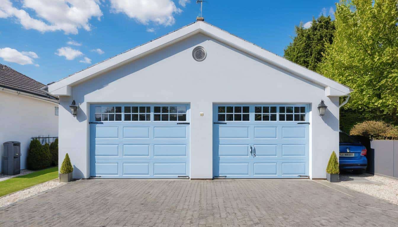 Blue garage under clear sky