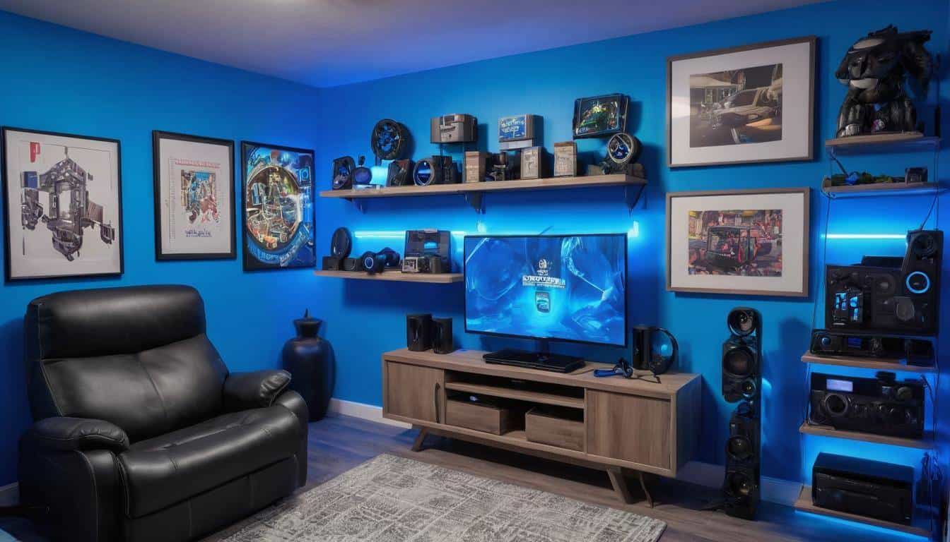 Blue-themed game room wall decor