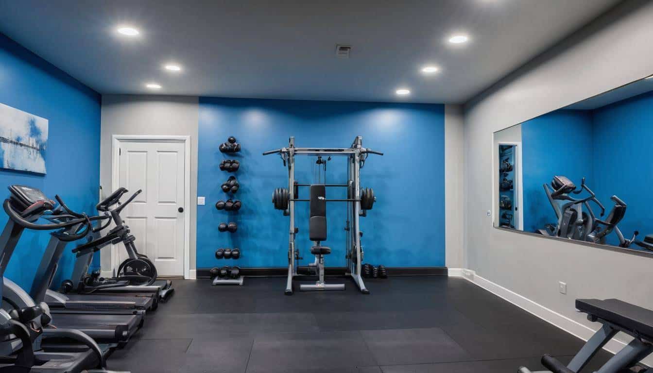 Blue-themed home gym setup