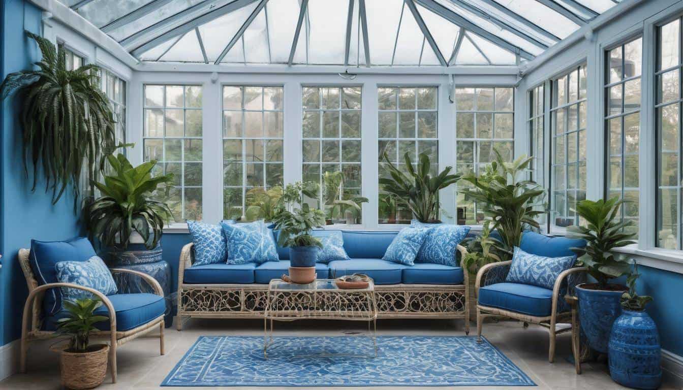 Blue-themed sunroom decor