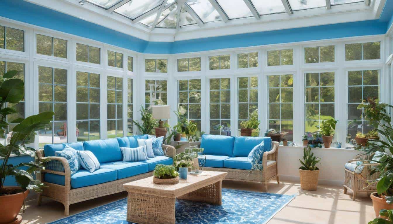 Bright blue sunroom interior