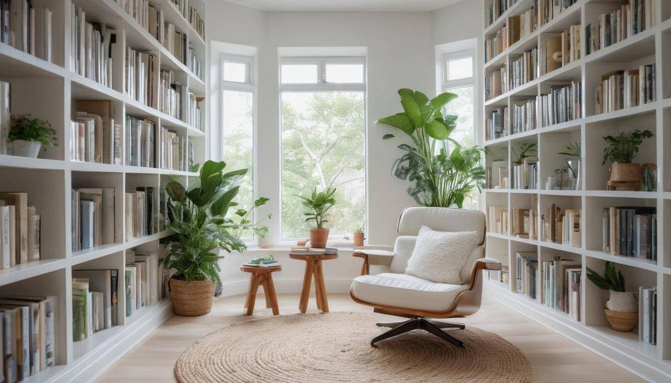 Bright white home library