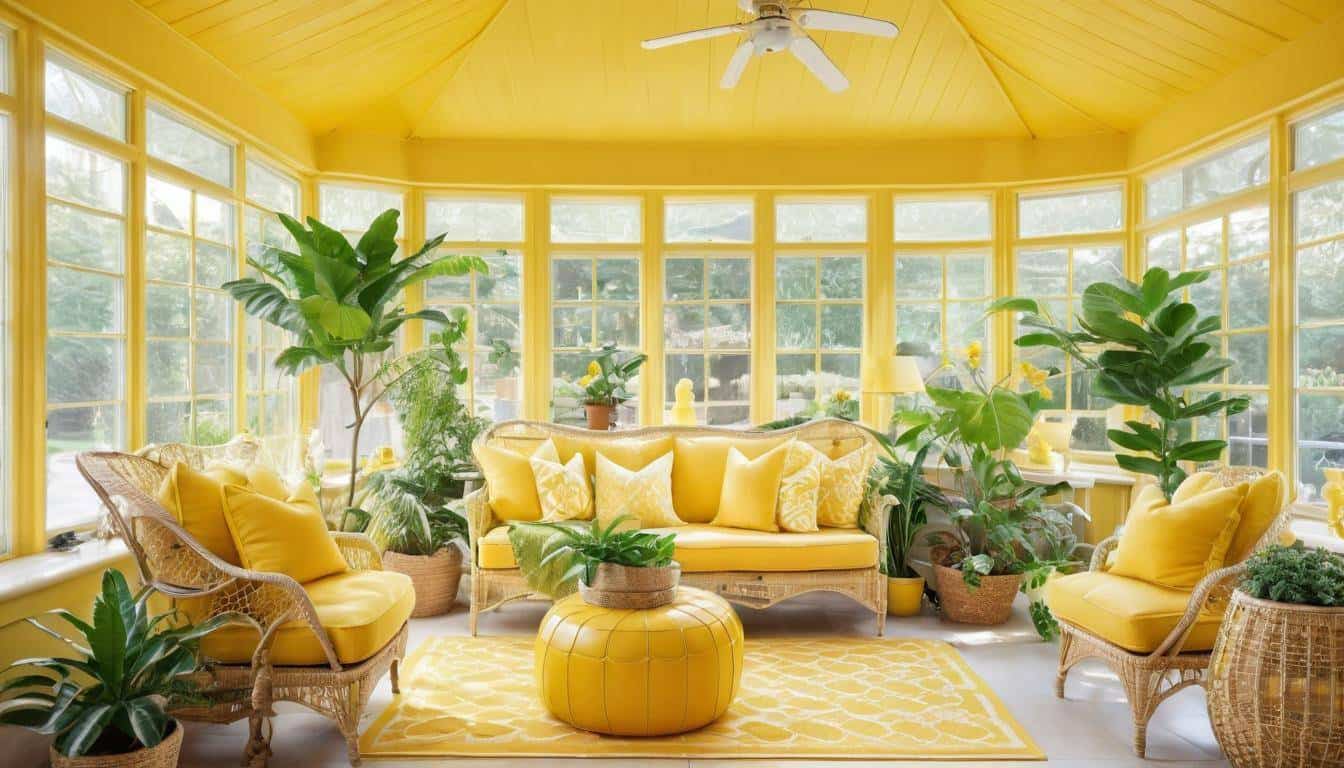 Bright yellow-themed sunroom decor