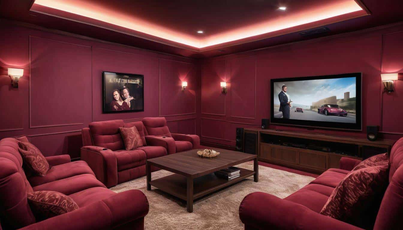 Burgundy-themed home theater