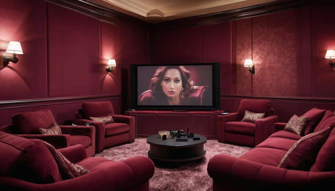 Burgundy-themed home theater