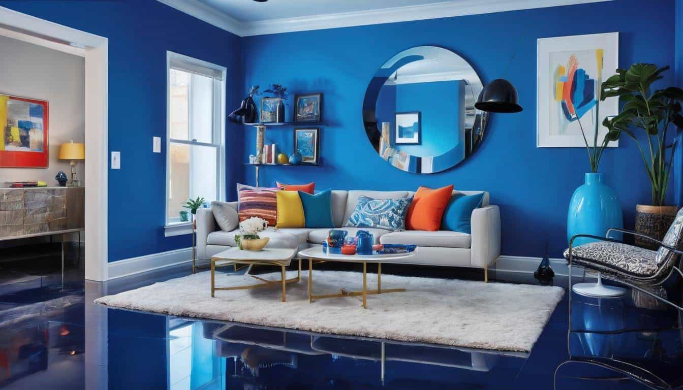 Colorful decor on blue wall