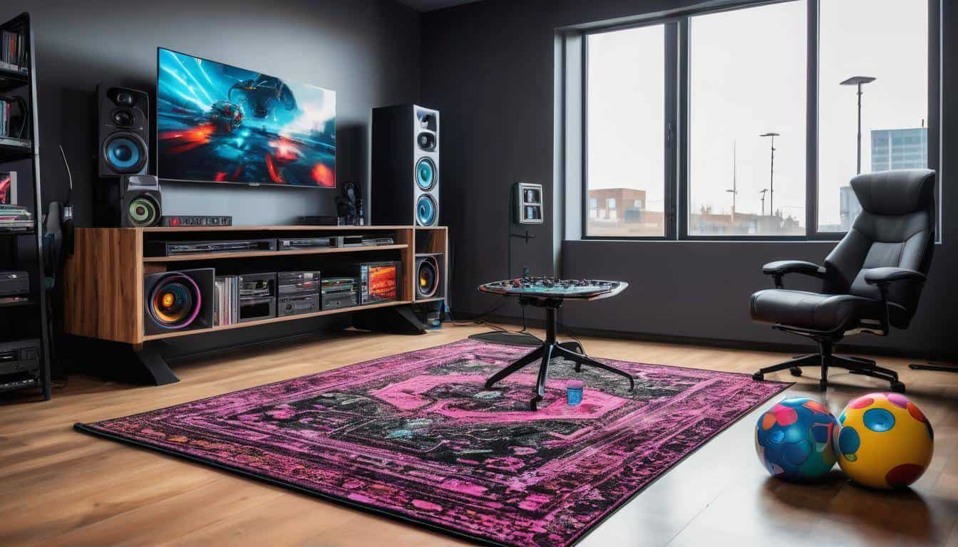 Colorful rug in gaming setup