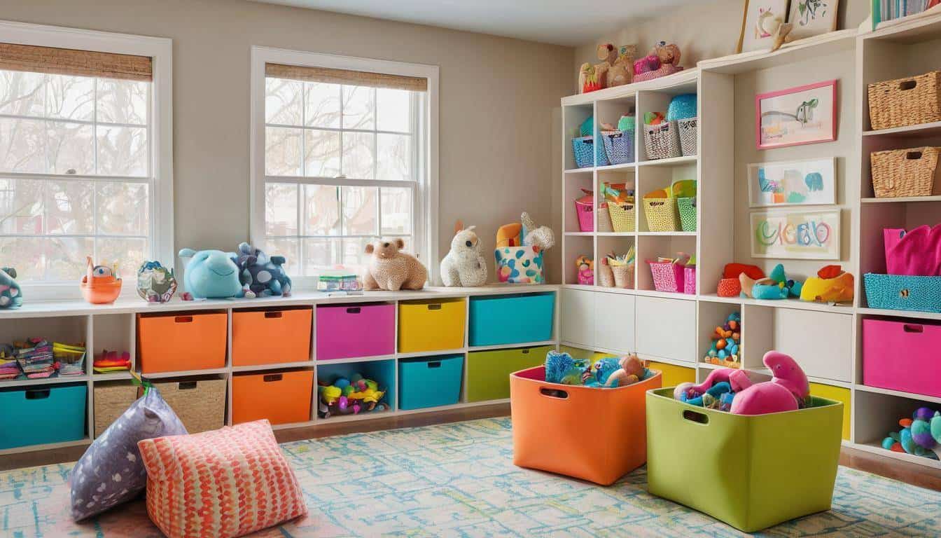 Colorful storage in playroom