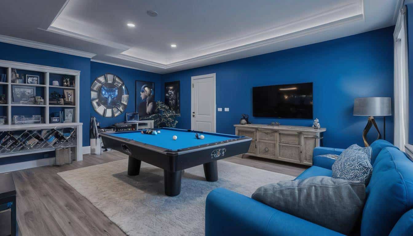 Contrasting furniture in blue game room