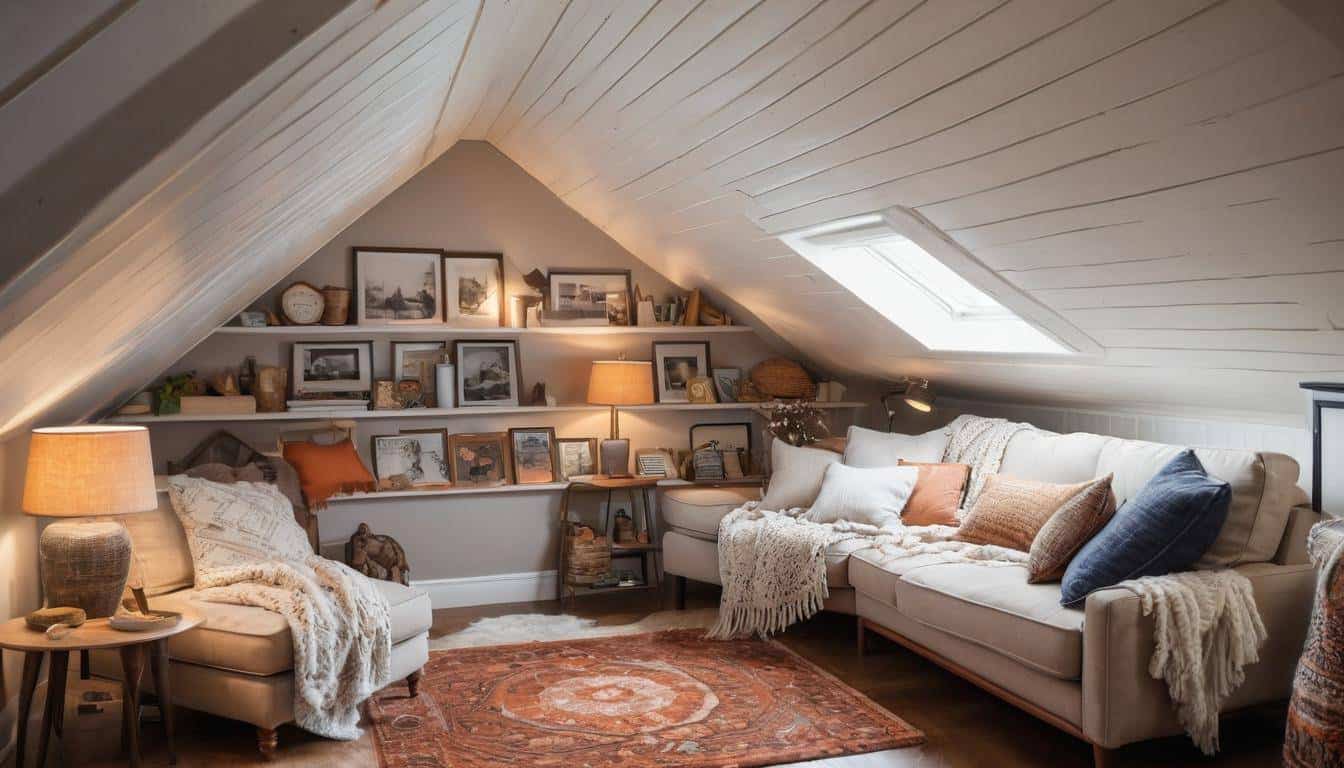 Cozy attic decor with pillows and rugs