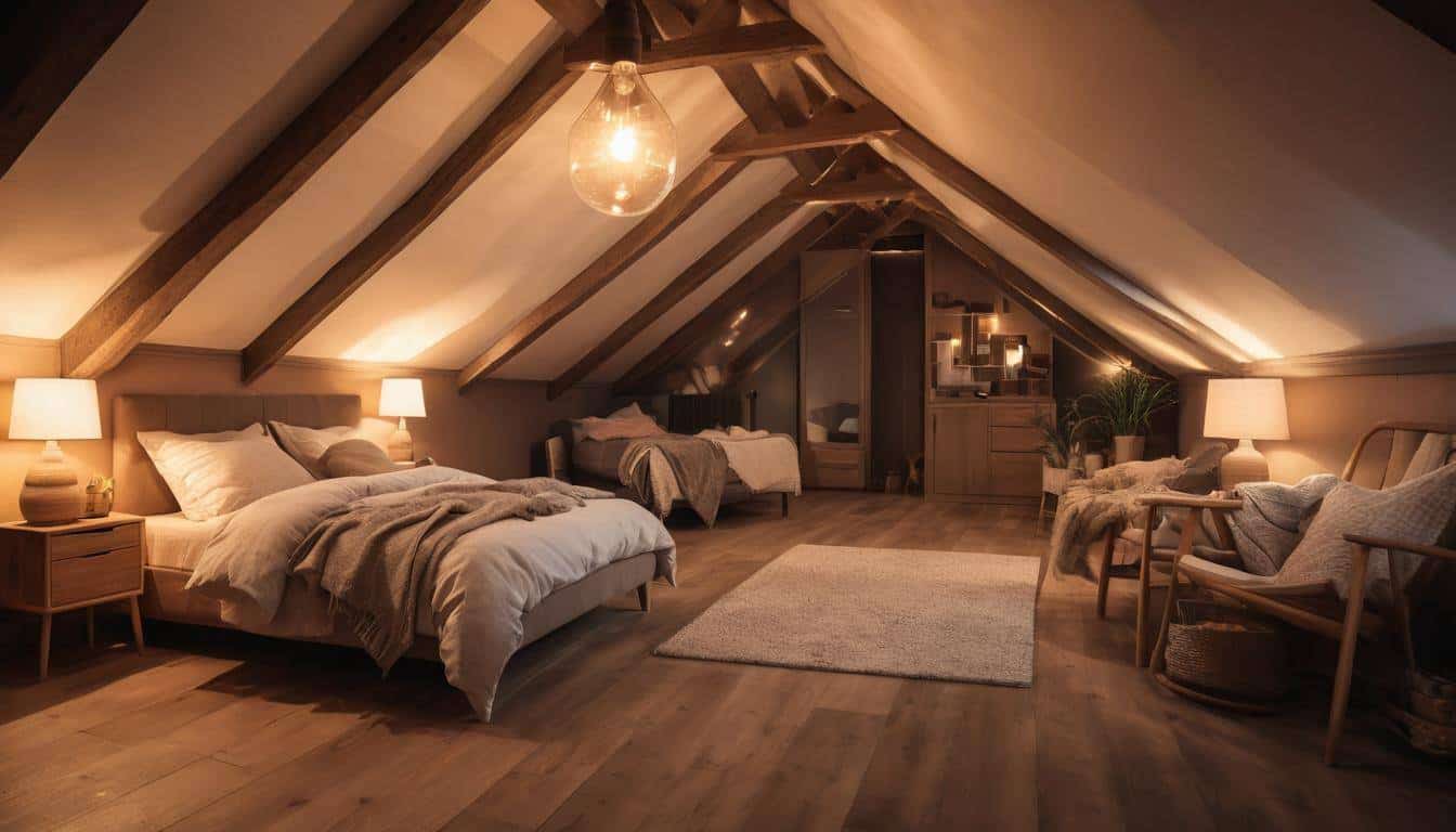 Cozy attic layered lighting