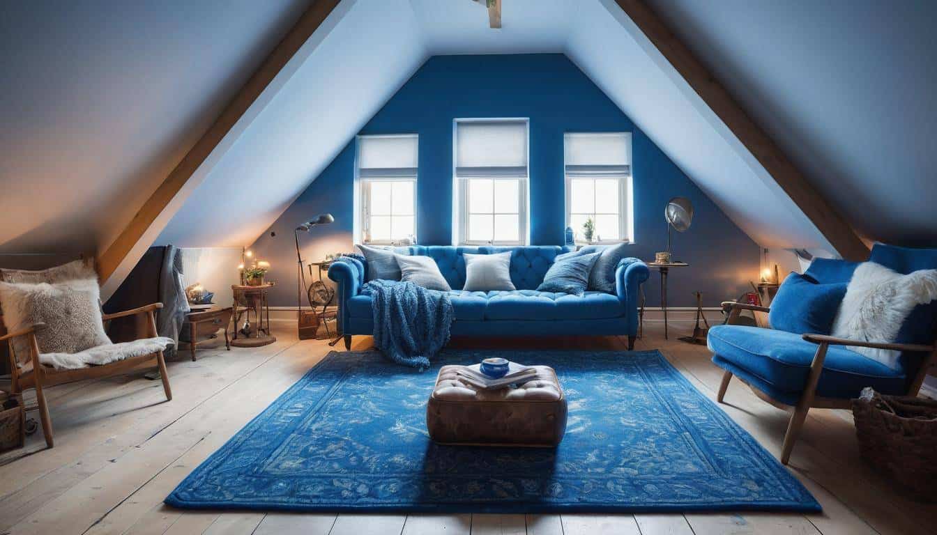 Cozy attic with blue rugs