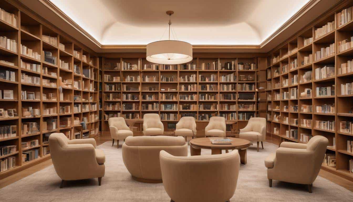 Cozy beige library lighting