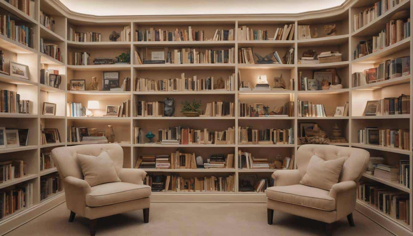 Cozy beige library shelves