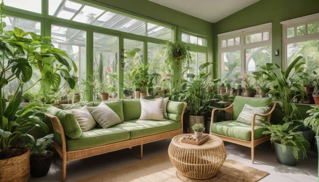 Cozy green sunroom oasis