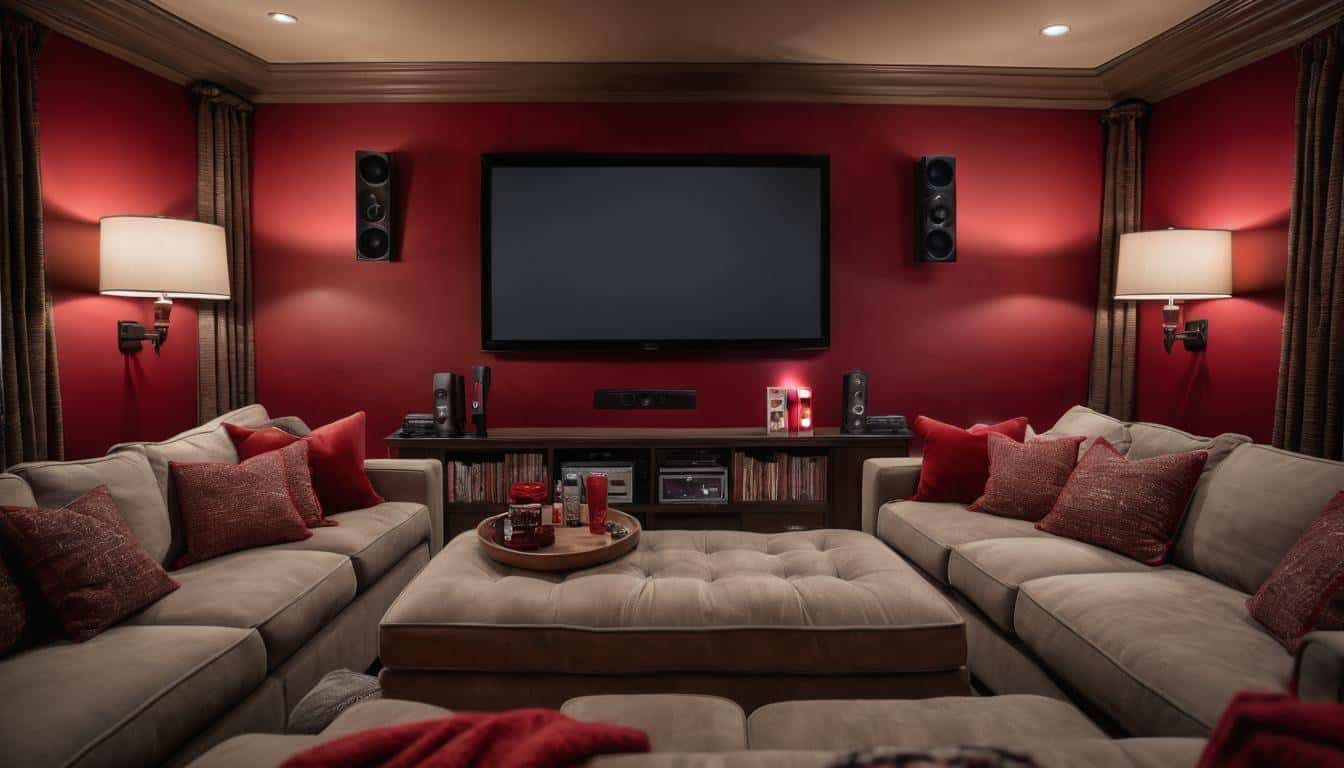 Cozy home theater with red accents