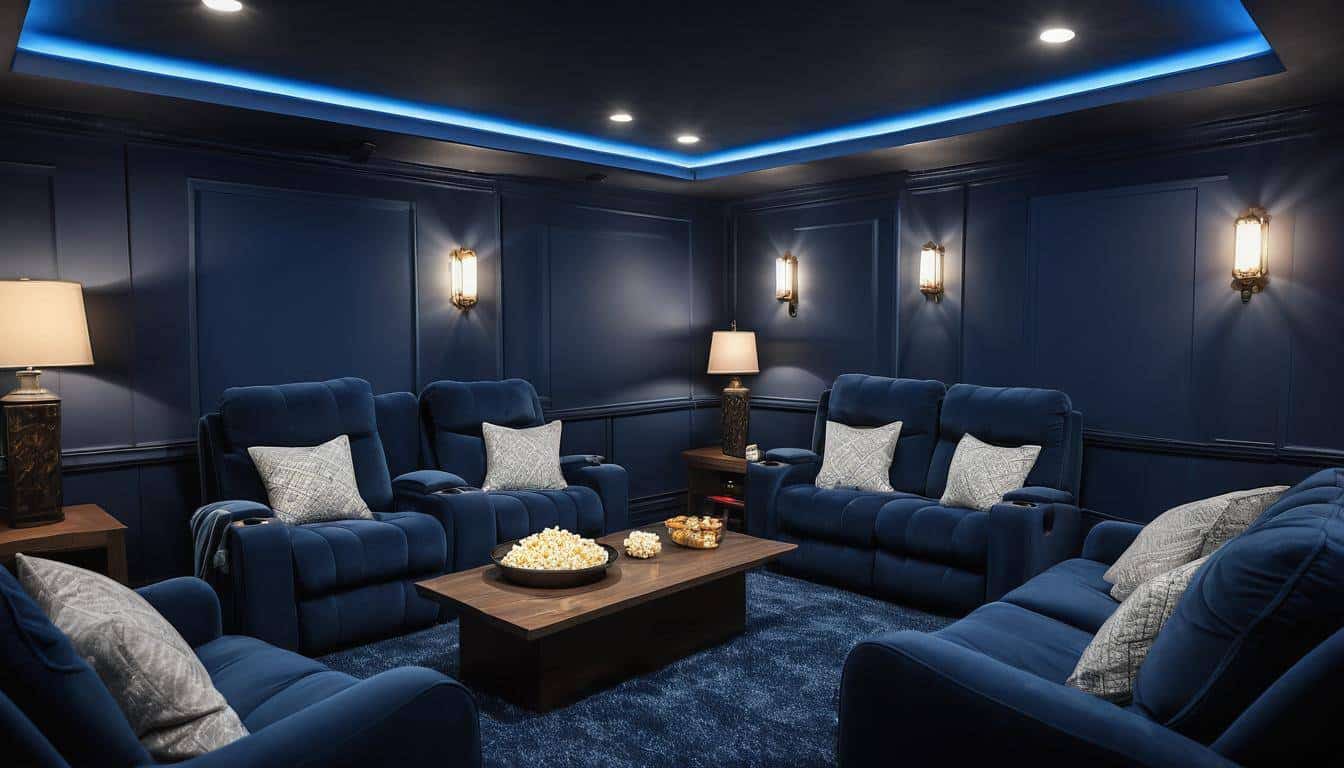 Cozy navy blue home theater