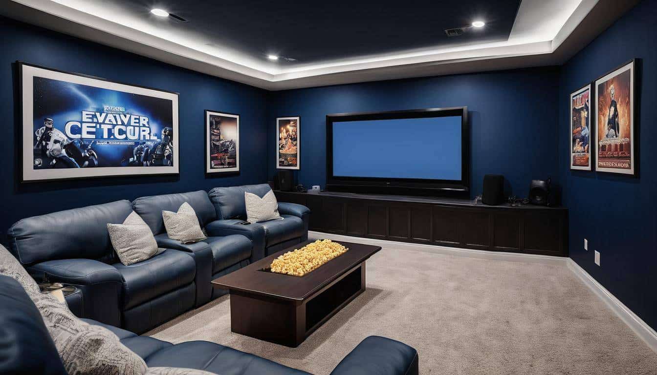 Cozy navy blue home theater