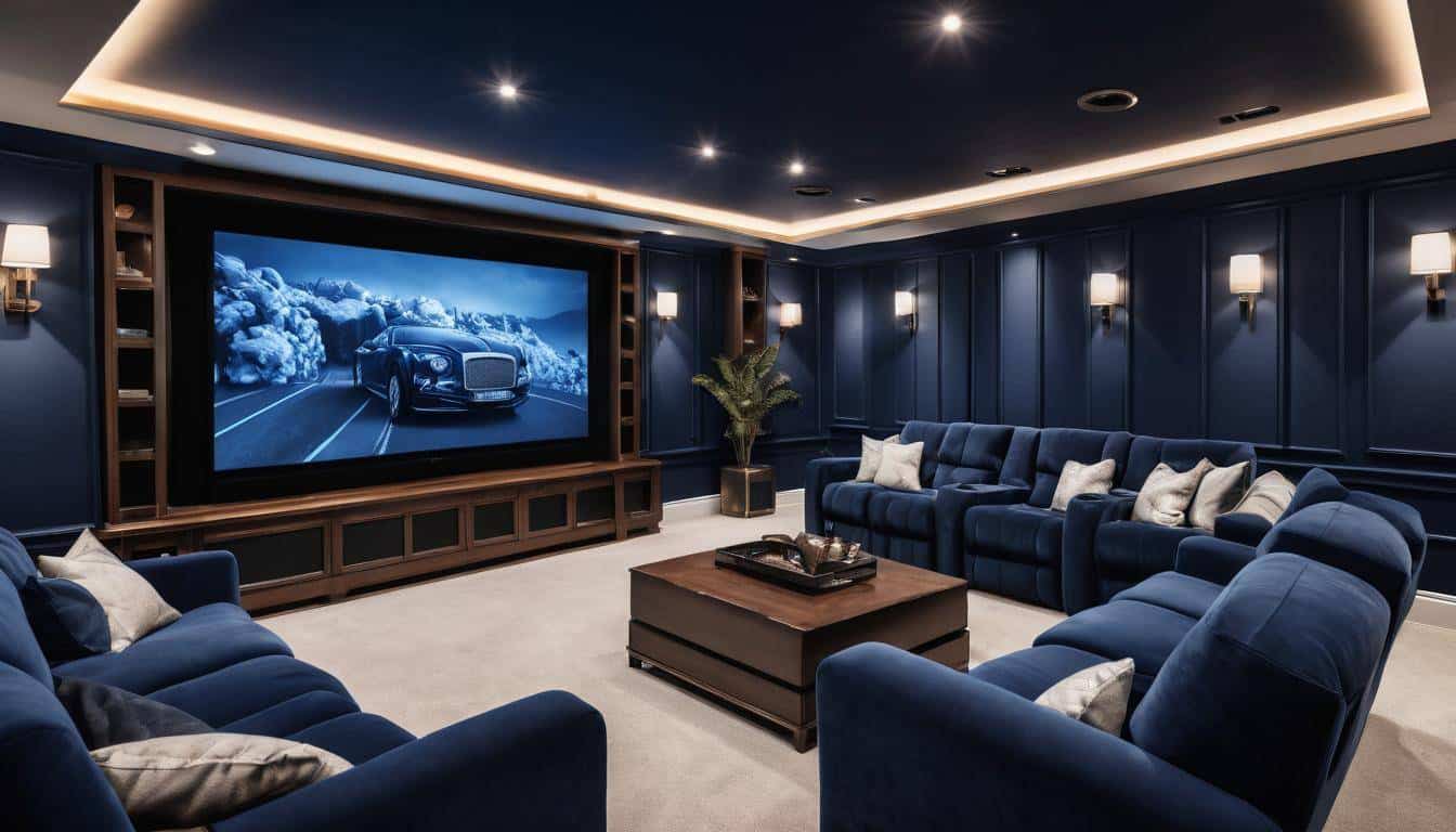 Cozy navy blue home theater