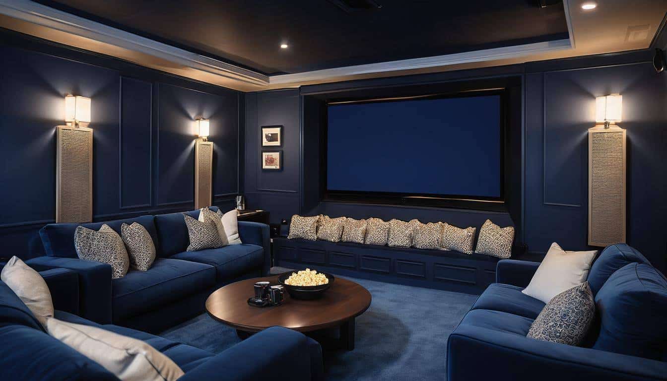 Cozy navy blue home theater