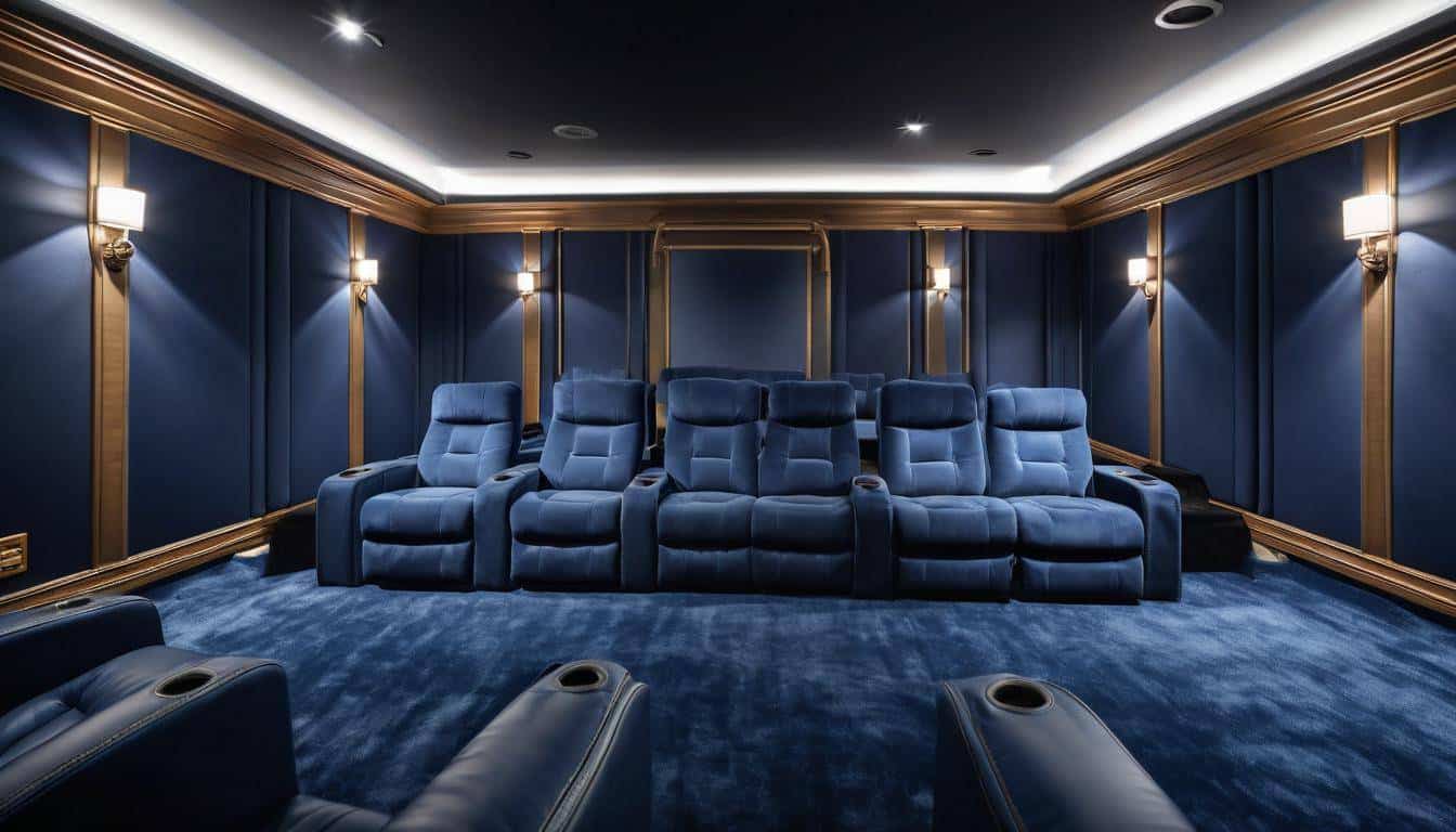 Cozy navy blue home theater