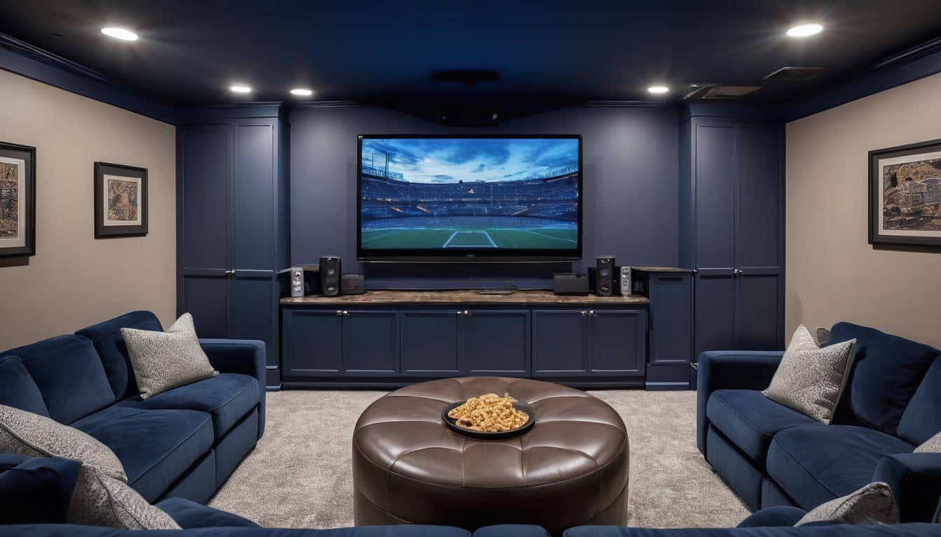 Cozy navy blue home theater