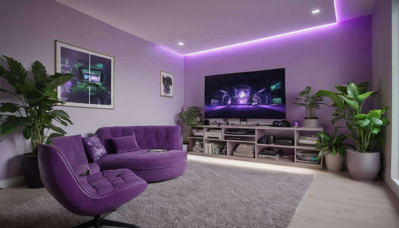 Cozy purple gaming setup