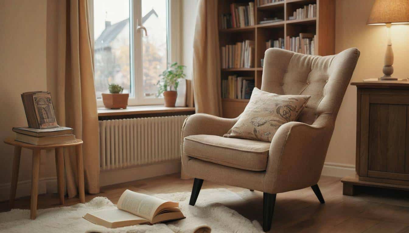 Cozy reading nook with armchair and book