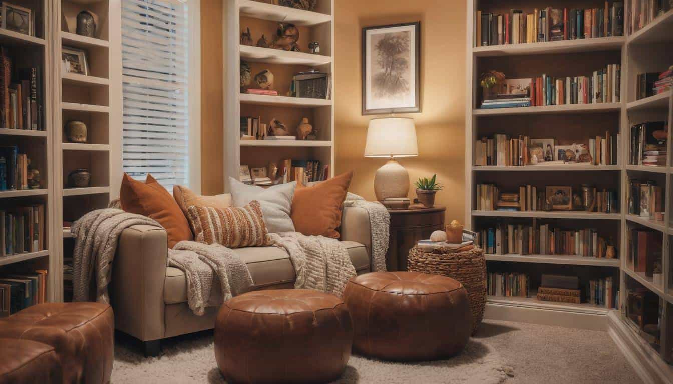 Cozy reading nook with ottomans