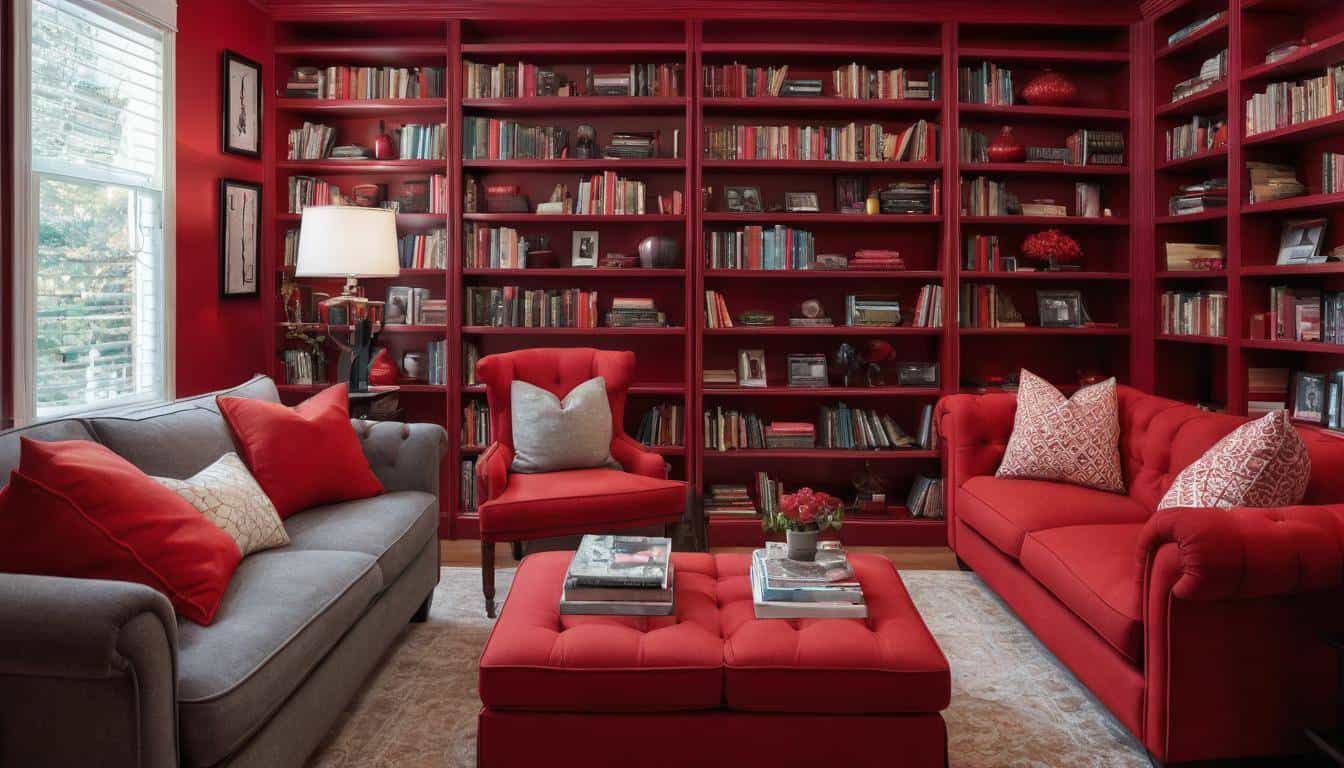 Cozy red-accented home library