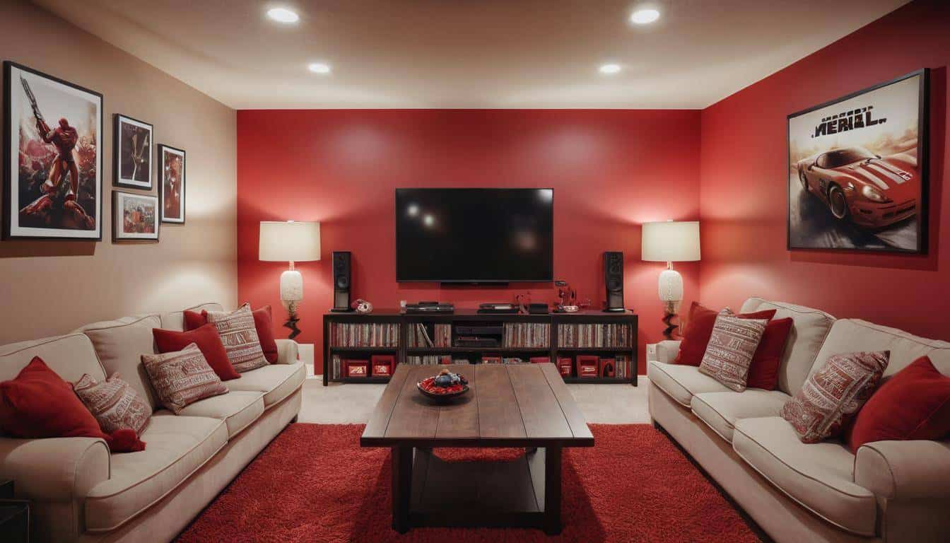 Cozy red game room setup