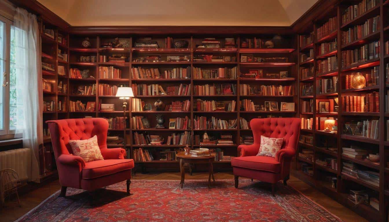 Cozy red library lighting