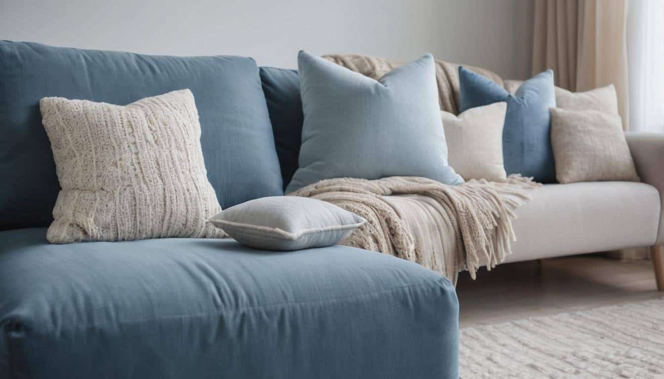 Cozy seating area with plush pillows in blue tones