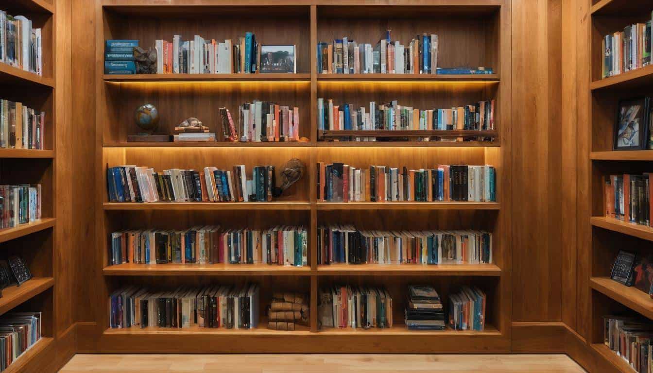 Durable wooden bookshelf in library