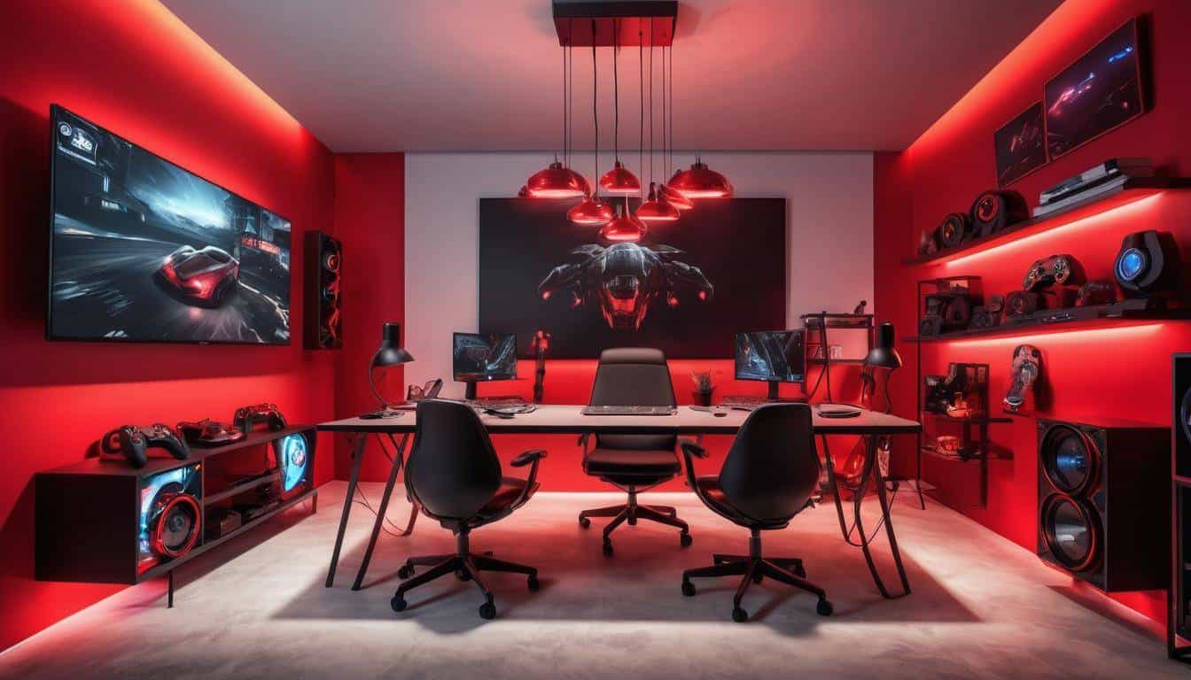 Gaming setup with pendant lights