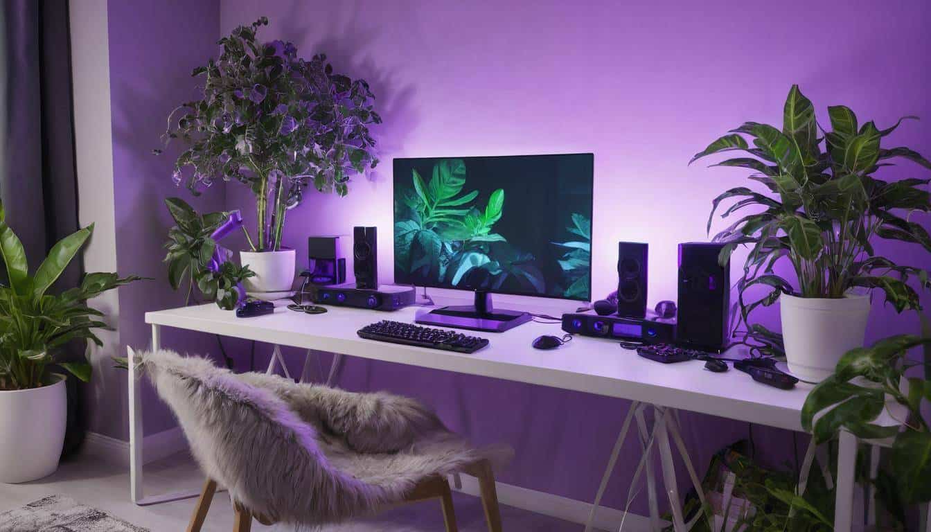 Gaming setup with plants and purple accents