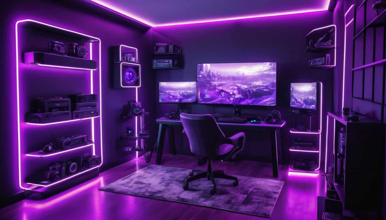 Gaming setup with purple LEDs