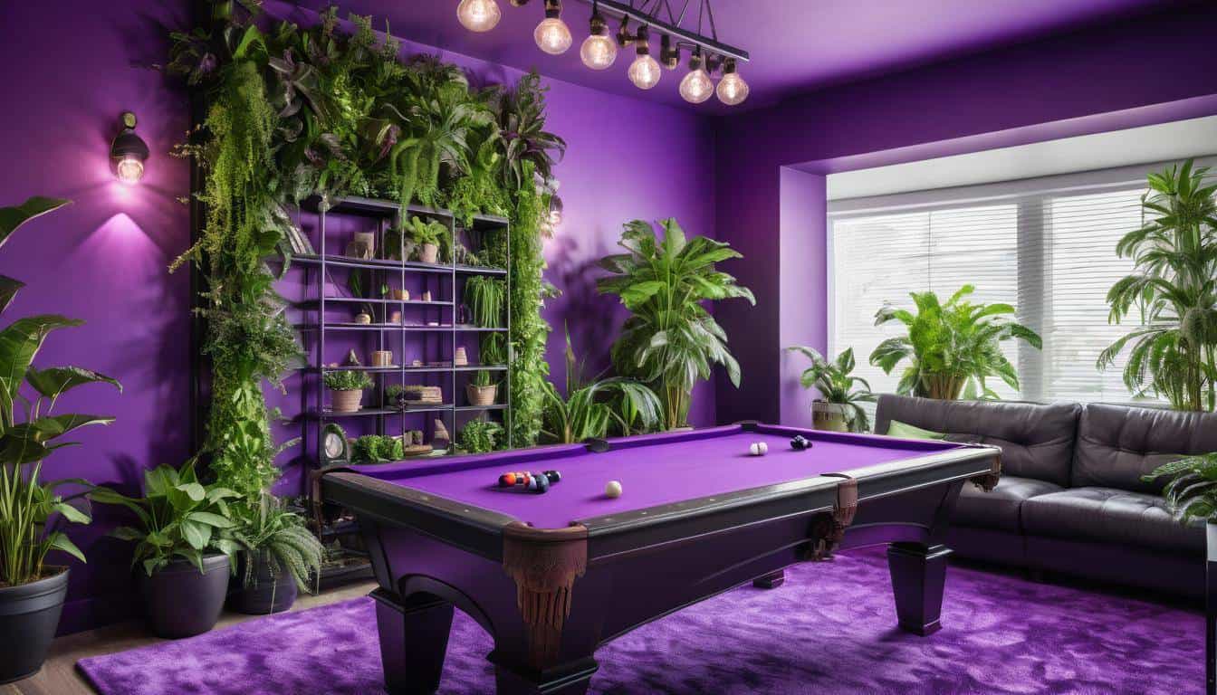 Greenery in purple-themed room