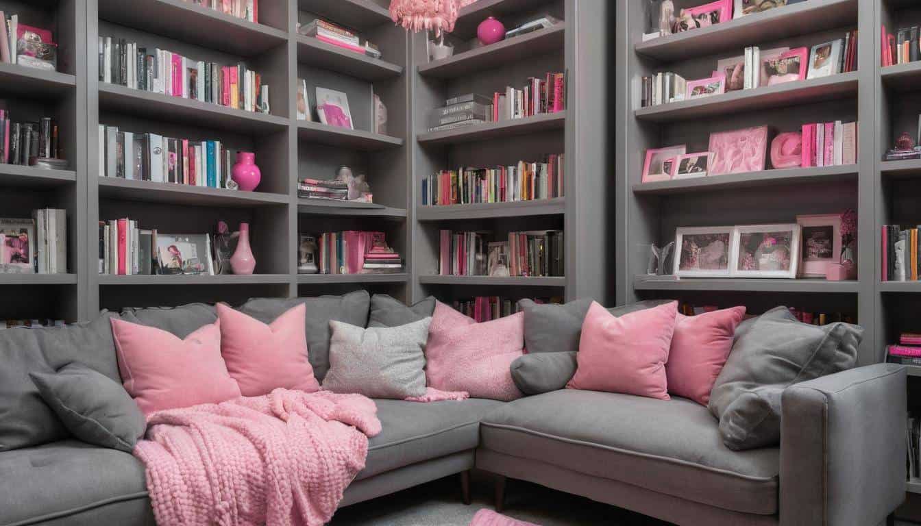 Grey and pink home library decor