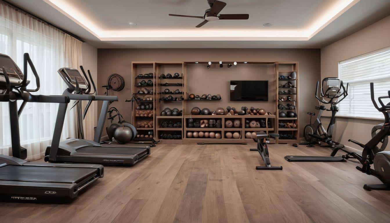 Home gym with brown accents