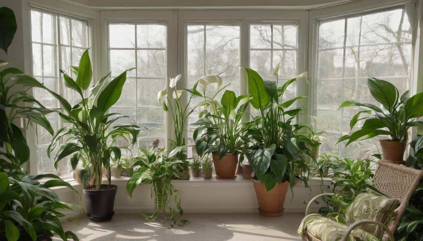 Indoor garden with pothos and peace lilies