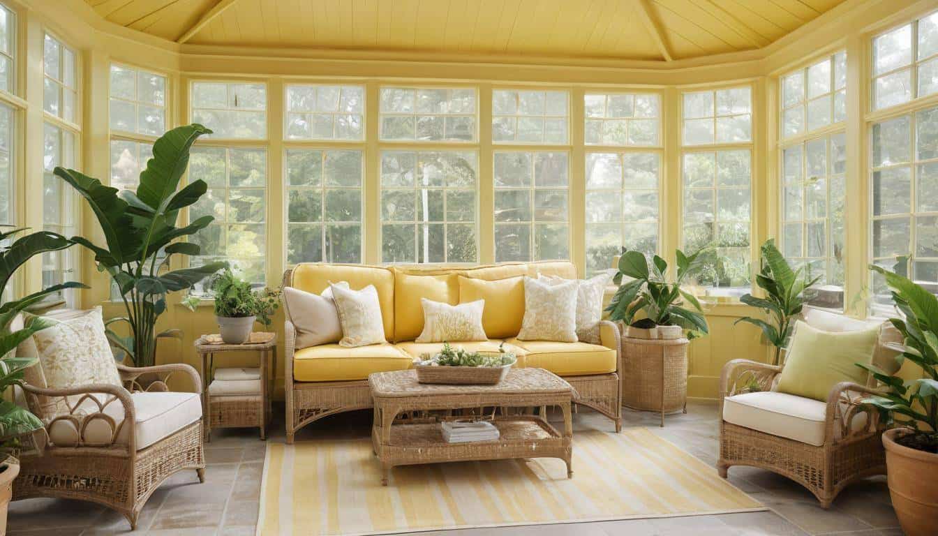 Inviting furnished yellow sunroom