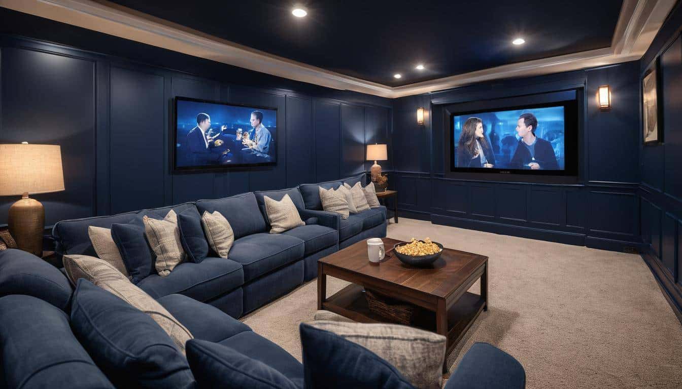 Inviting navy blue home theater